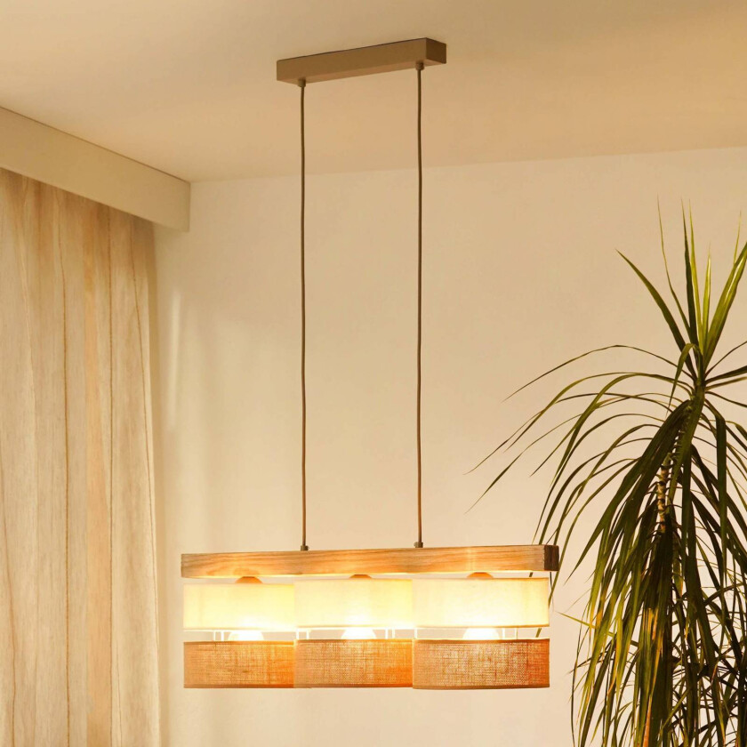 Hengelampe Treeon, 3 lyskilder, tre, jute, naturfarget/ecru