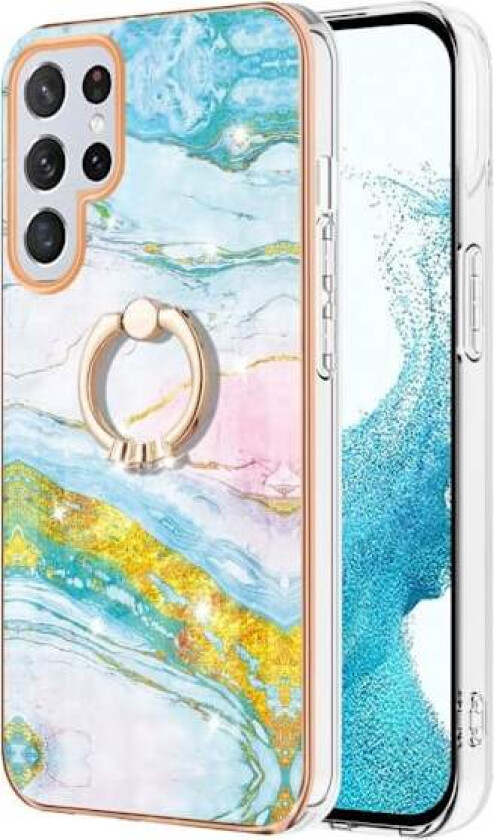 Marble Mønstret Deksel med Ring Holder til Samsung Galaxy S22 Ultra - Grønn og Gul Klinkekule Haze