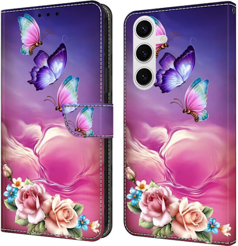 Samsung Galaxy S25 lommebokveske med mønsterutskrift Stativ lær flip telefondeksel - Blomster Sommerfugl