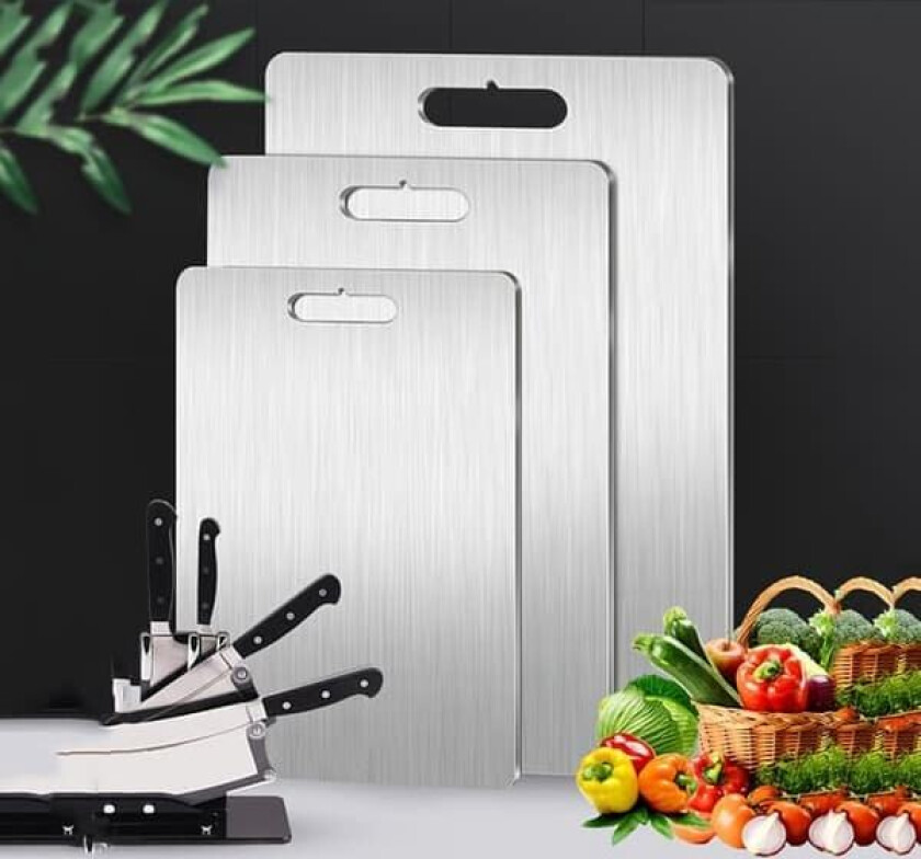 3-delt Sett med Dobbeltsidig Skjærebrett i Rustfritt Stål, Muggsikkert og Fuktbestandig_qq