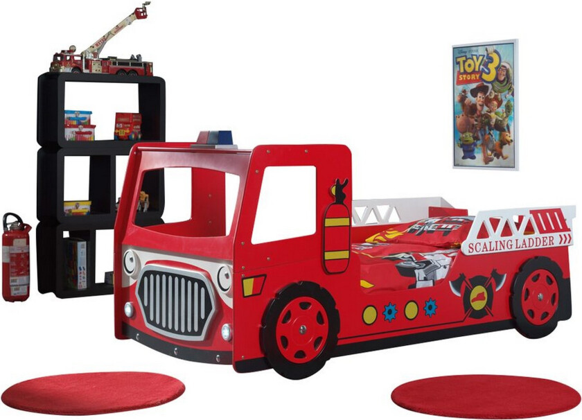 Seng Brannbil Rød 90x200 cm Med Madrass - Med Madrass