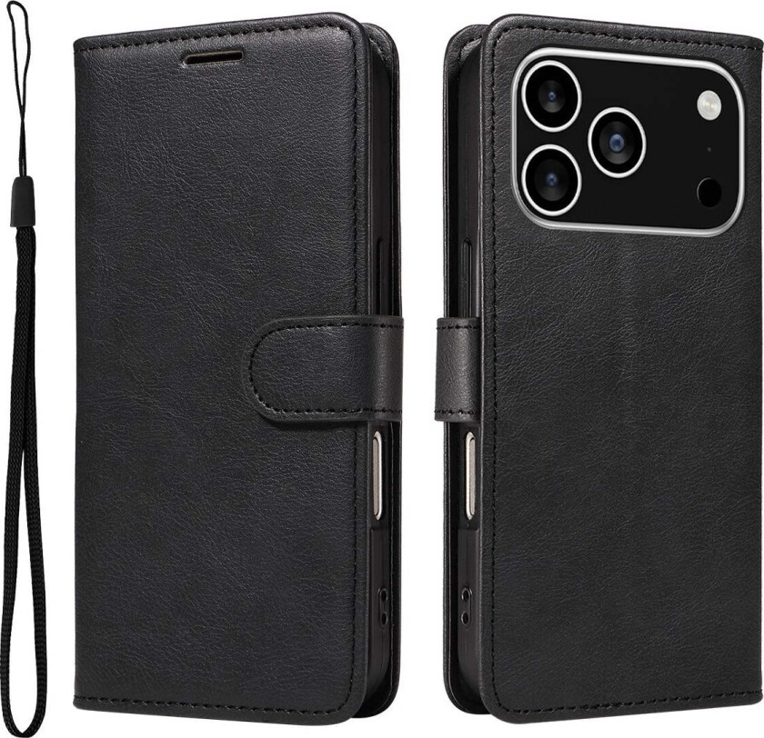 iPhone 17 Pro Deksel i Kunstskinn med Lommebok & Stropp - Svart