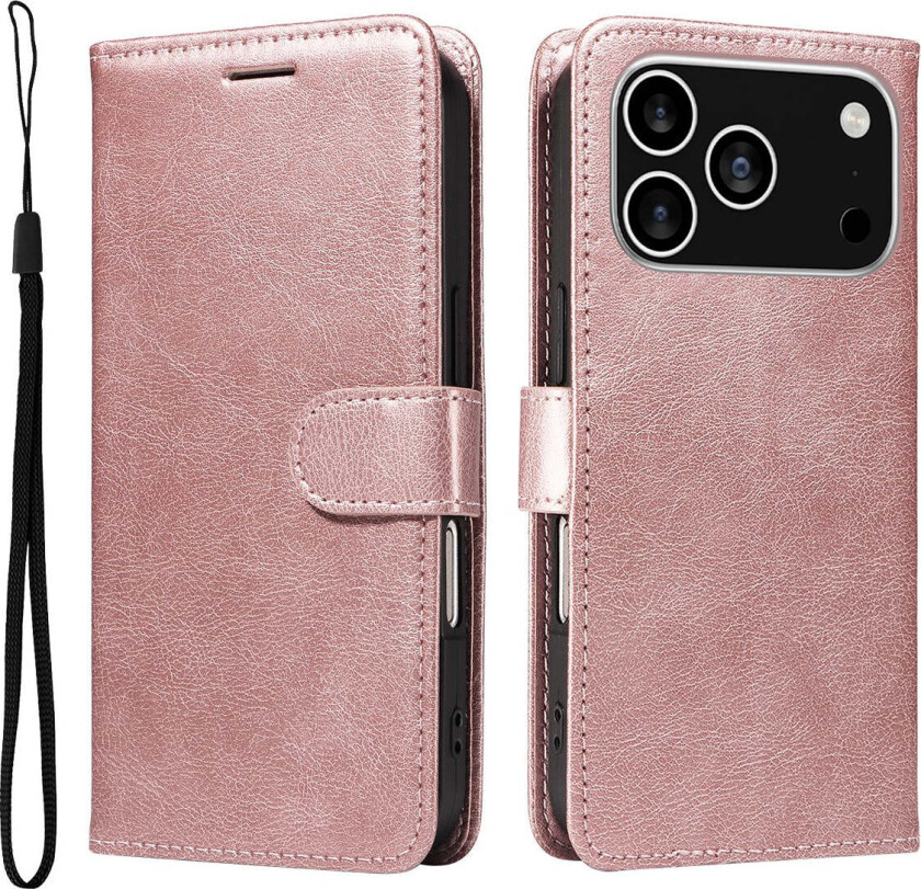 iPhone 17 Pro Deksel i Kunstskinn med Lommebok & Stropp - Rose Gold