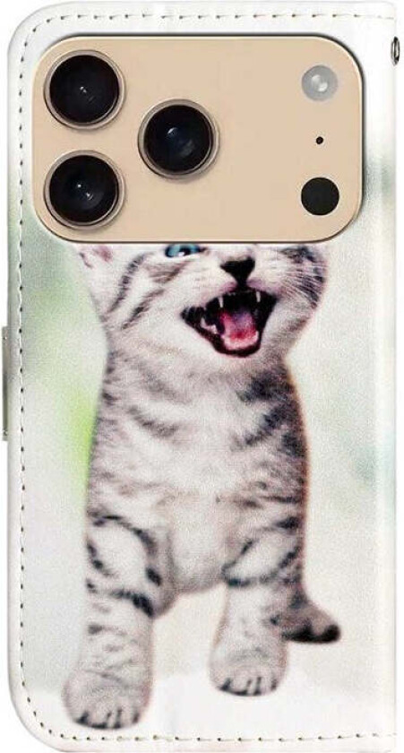 iPhone 17 Pro Max Kunstskinn Flip Deksel med Lommebok & Stropp – Kattunge