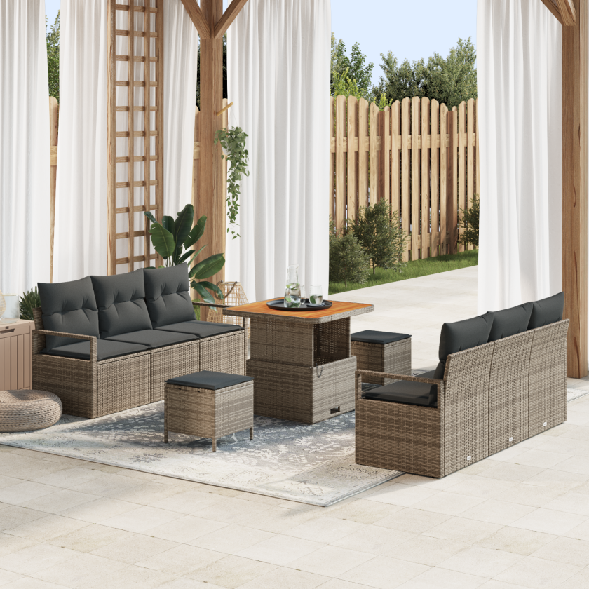 Hagesofa Set med lagring 9 pcs Grå Poly rattan