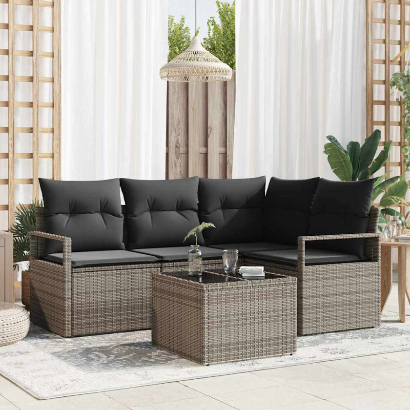 Hagesofa Set 5 pcs Lysegrå Poly Rattan og pulverlakkert stål