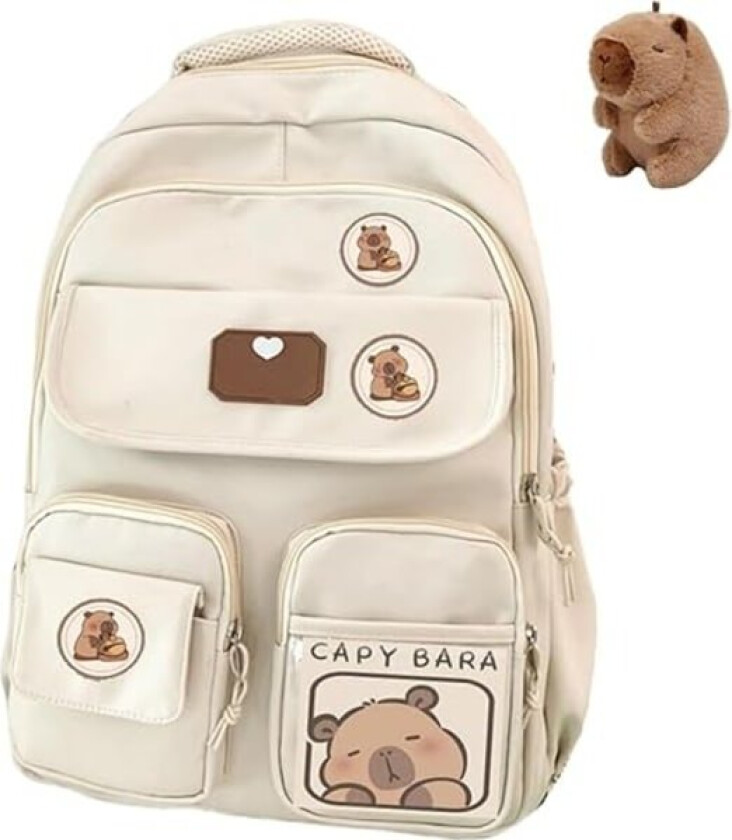Capybara-ryggsekk for skolen, søt preppy estetisk ryggsekk med Kawaii-nål og tilbehør for jenter, hvit med dukke!