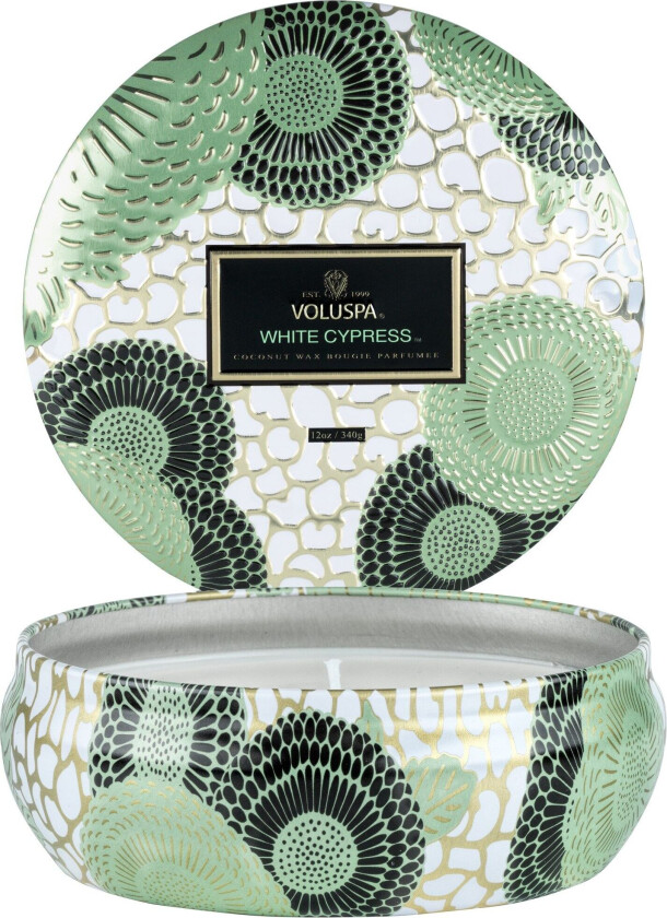 White Cypress Japonica 3-Wick in Decorative Tin 40h