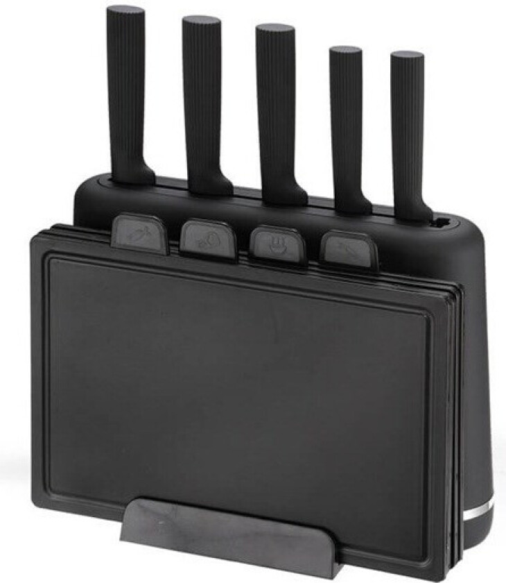 Knivsett med 5 kniver, 4 Skjærebrett på holder – 10 deler – Sort