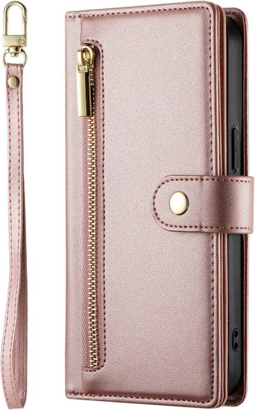 iPhone 17 Air Flip Deksel med Kortholder / Glidelåslomme / Stropp - Rose Gold