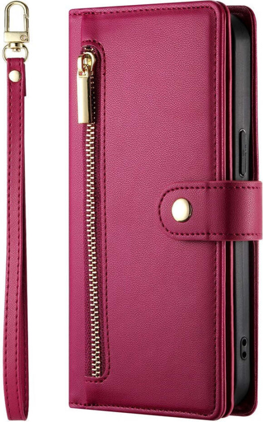 iPhone 17 Air Flip Deksel med Kortholder / Glidelåslomme / Stropp - Rød