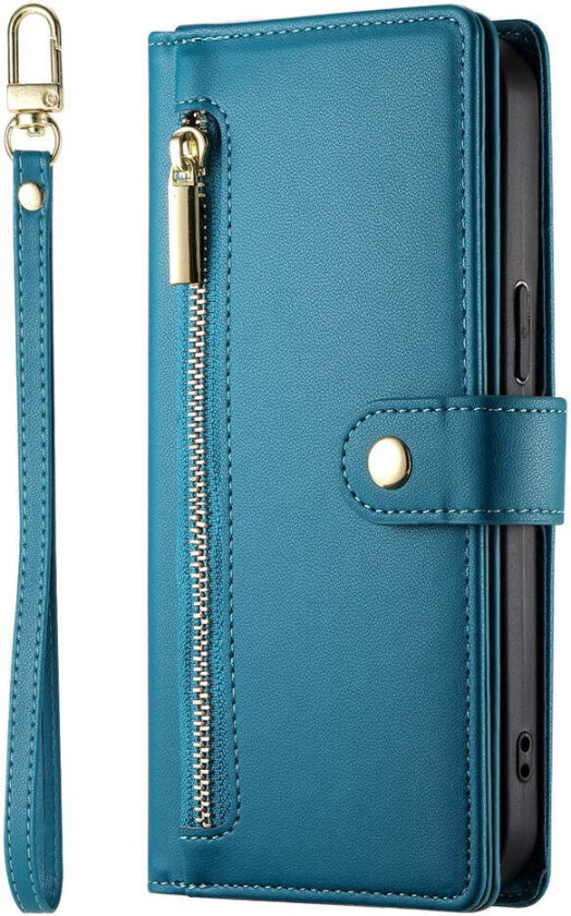 iPhone 17 Pro Max Flip Deksel med Kortholder / Glidelåslomme / Stropp - Blå