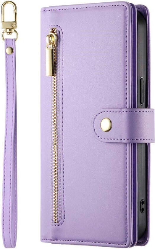 iPhone 17 Flip Deksel med Kortholder / Glidelåslomme / Stropp - Lilla