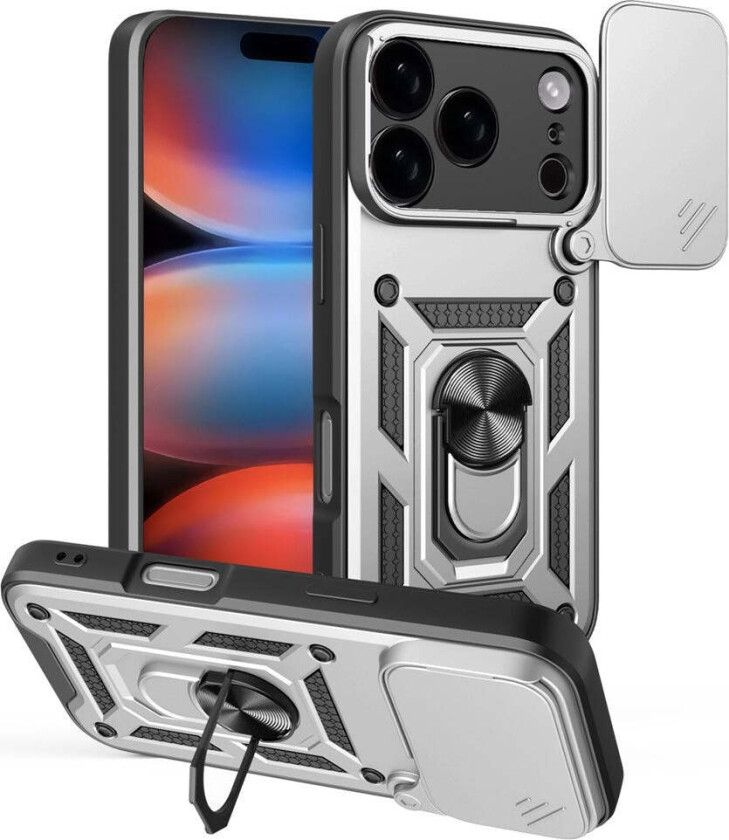 iPhone 17 Pro Hybrid Håndverker Deksel m. Kickstand & Cam Slider - Sølv