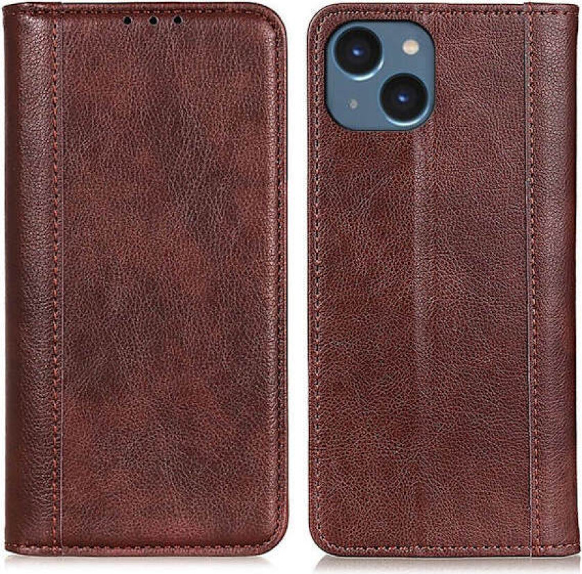 Ekte lærdeksel med magnetisk lukking for iPhone 15 - Brun