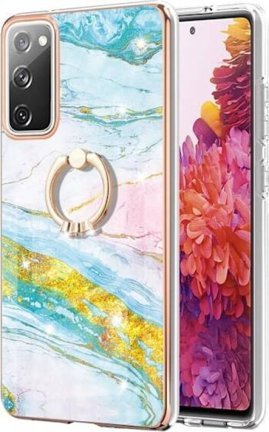 Marble Mønstret Deksel med Ring Holder til Samsung Galaxy S20 Fe 2022 / S20 Fe 5g - Grønn og Gul Klinkekule Haze