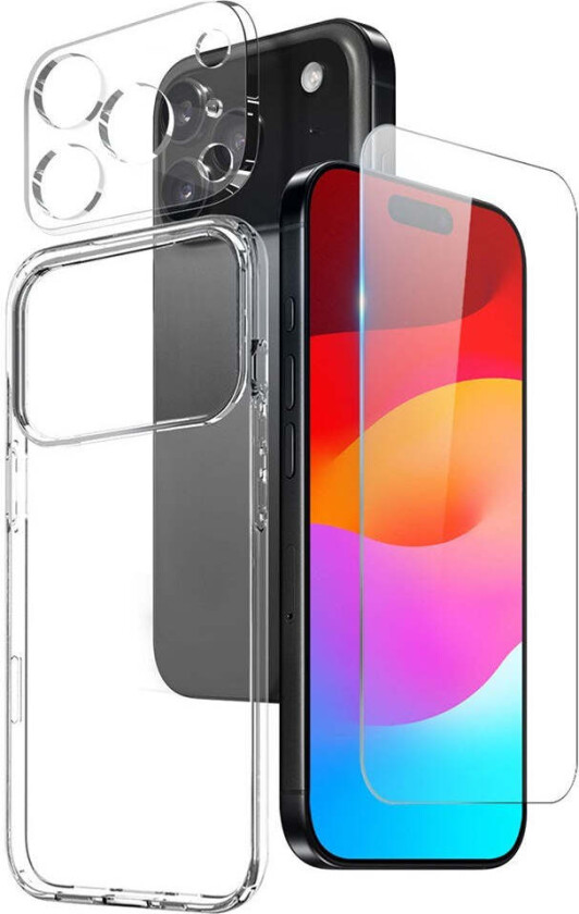 iPhone 17 Pro Max 3-i-1 Beskyttelsessett m. Fleksibelt Plast Deksel / Herdet Skjermbeskyttelsesglass / Kameralinsebeskytterglass - Gjennomsiktig