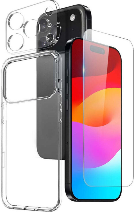iPhone 17 Pro 3-i-1 Beskyttelsessett m. Fleksibelt Plast Deksel / Herdet Skjermbeskyttelsesglass / Kameralinsebeskytterglass - Gjennomsiktig