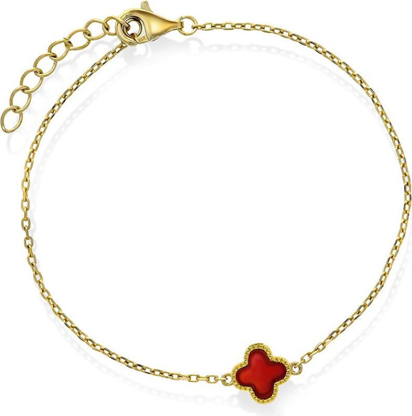 Kløver armbånd i 925 forgylt sølv med syntetisk rød agat