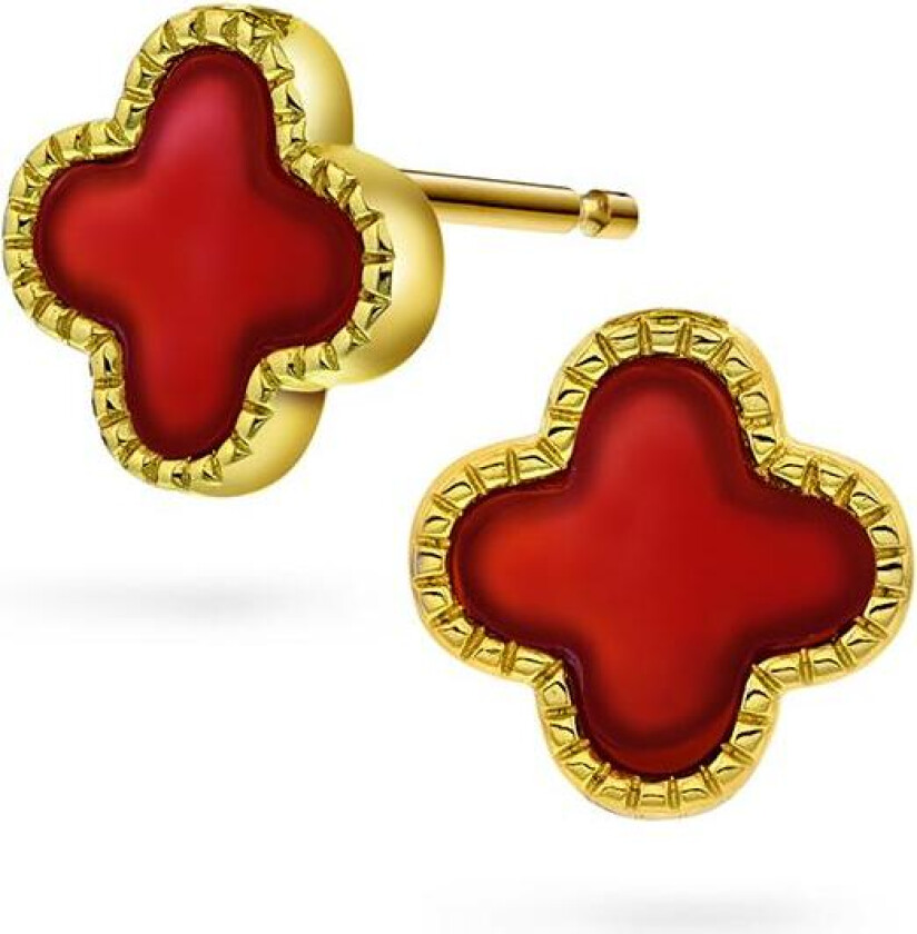 Kløver øredobber i 925 forgylt sølv med rød agat