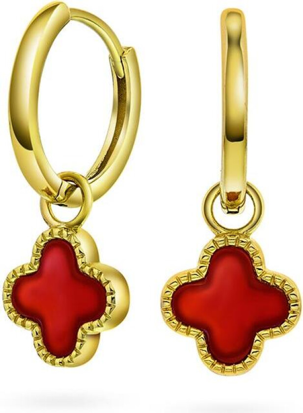 Kløver øredobber i 925 forgylt sølv med syntetisk rød agat
