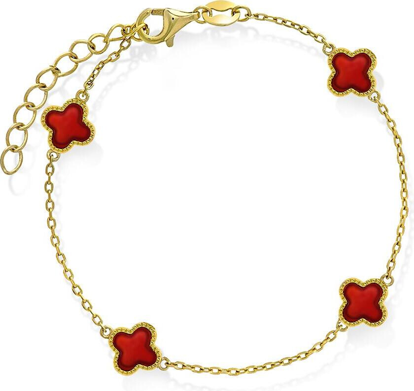 Kløver armbånd i 925 forgylt sølv med syntetisk rød agat
