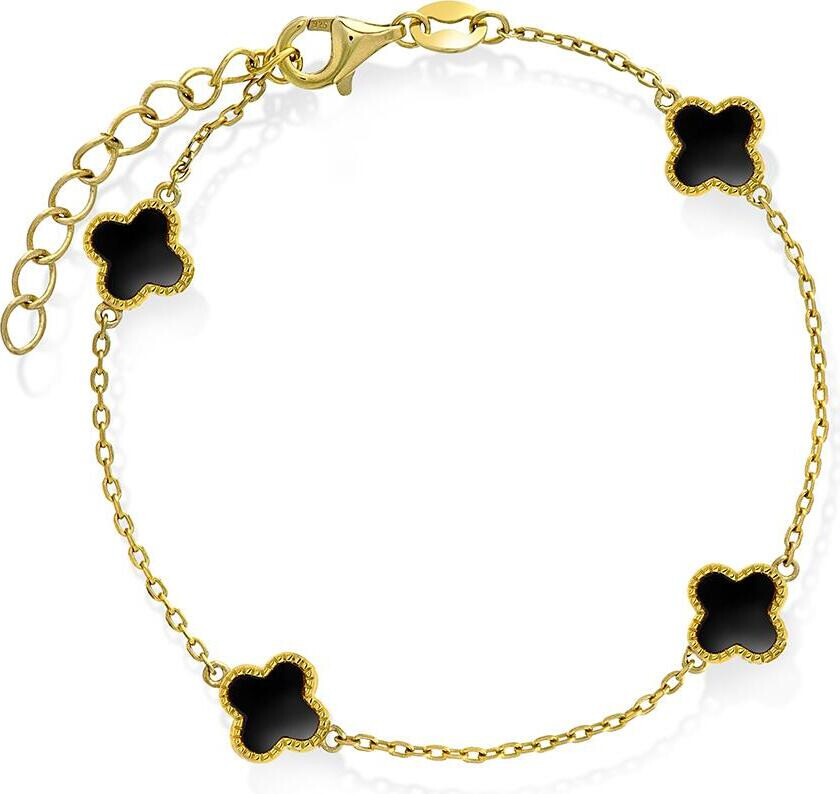 Kløver armbånd i 925 forgylt sølv med syntetisk sort agat