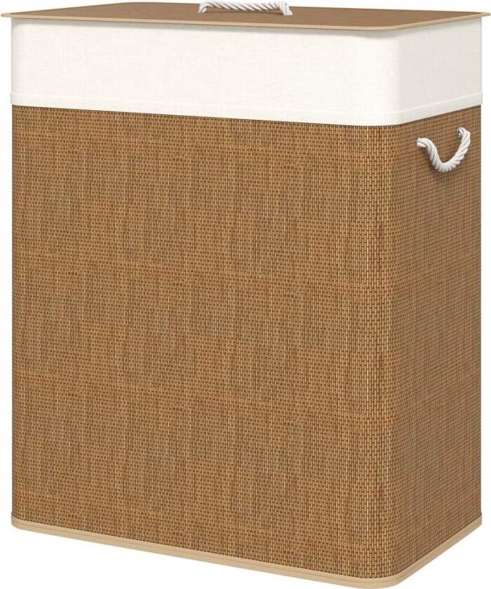 Bambus skittentøyskurv med lokk, 2 rom, 100 L tøyoppsamler med tauhåndtak, avtagbar vaskepose