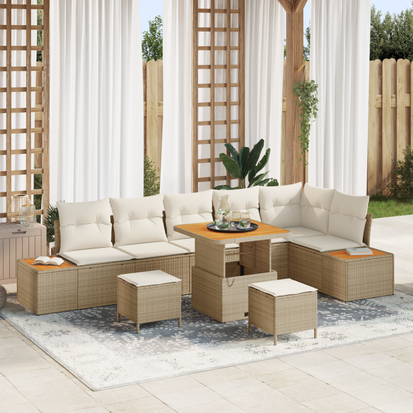 Hagesofa Set med pute med lagring 9 pcs Beige Poly rattan
