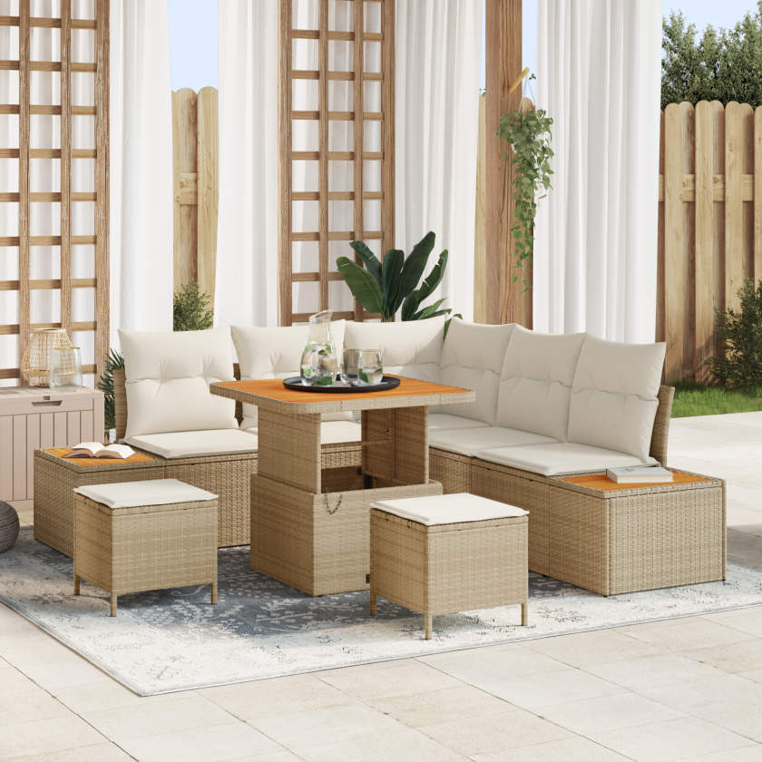 Hagesofa Set med pute med lagring 8 pcs Beige Poly rattan