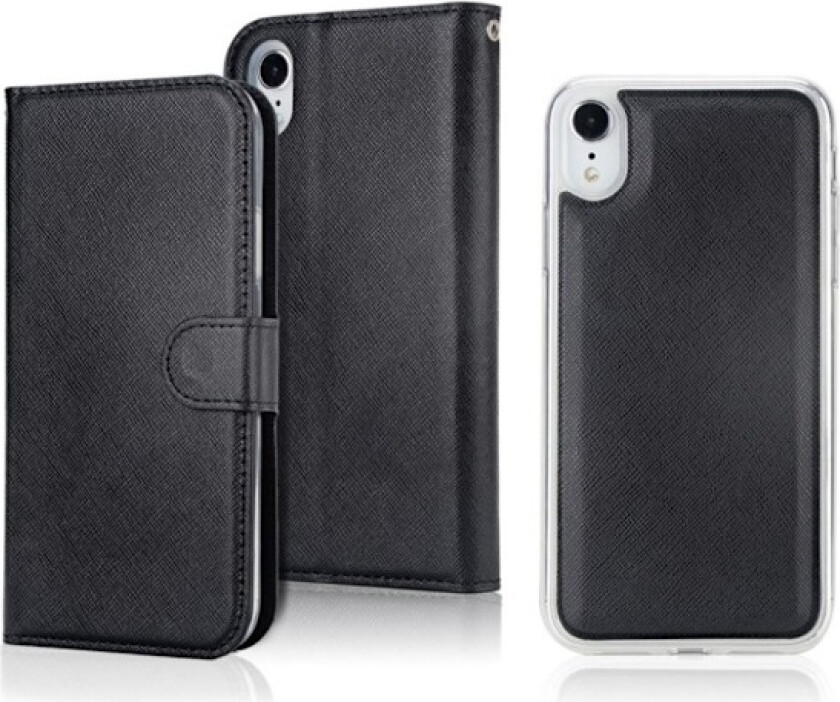 iPhone Xr beskyttelses deksel av syntetisk skinn med kryss tekstur med 2 i 1 design - svart