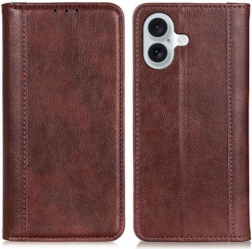 Ekte lærdeksel med magnetisk lukking for iPhone 16 Plus - Brun