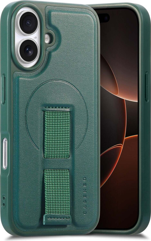 iPhone 16 Hard Plast Deksel m. Kunstskinn Bakside & Fingerrem - MagSafe Kompatibel - Grønn