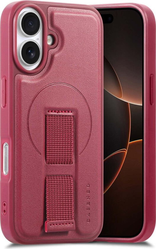 iPhone 16 Hard Plast Deksel m. Kunstskinn Bakside & Fingerrem - MagSafe Kompatibel - Rød