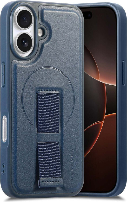 iPhone 16 Hard Plast Deksel m. Kunstskinn Bakside & Fingerrem - MagSafe Kompatibel - Blå