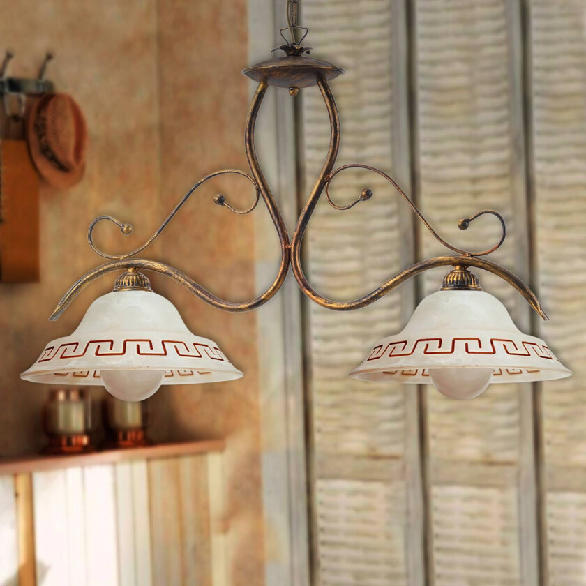 Hengelampe BILIARDO GIORGIO, krem/bronse, glass/jern 2 lyskilder.