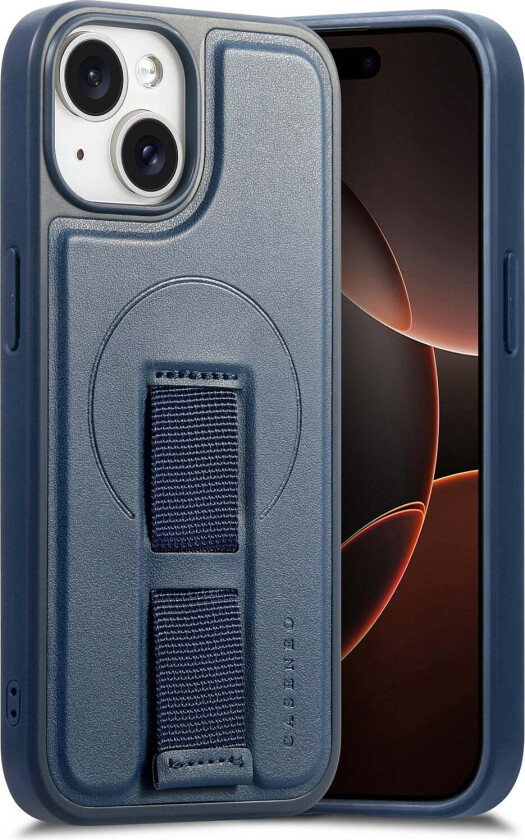 iPhone 14 / 13 Hard Plast Deksel m. Kunstskinn Bakside & Fingerrem - MagSafe Kompatibel - Blå