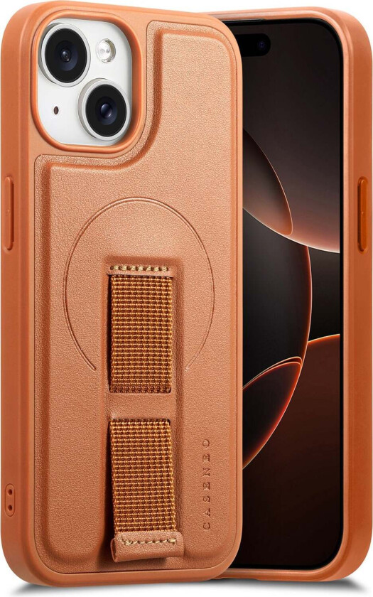 iPhone 14 / 13 Hard Plast Deksel m. Kunstskinn Bakside & Fingerrem - MagSafe Kompatibel - Brun