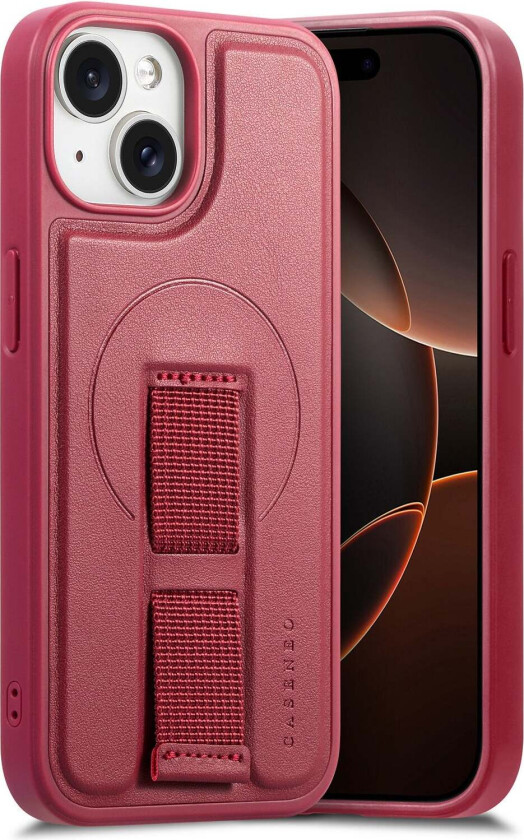 iPhone 14 / 13 Hard Plast Deksel m. Kunstskinn Bakside & Fingerrem - MagSafe Kompatibel - Rød