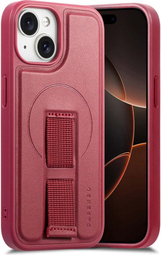 iPhone 15 Hard Plast Deksel m. Kunstskinn Bakside & Fingerrem - MagSafe Kompatibel - Rød