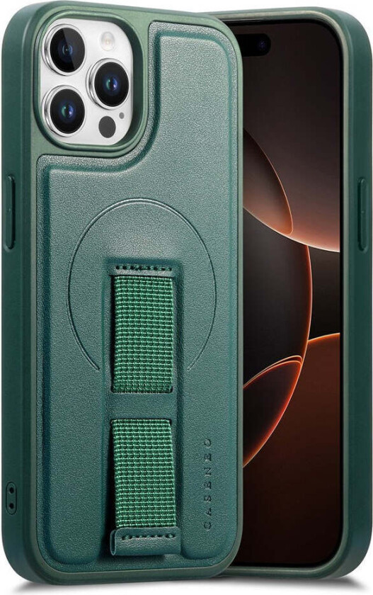 iPhone 12 / 12 Pro Hard Plast Deksel m. Kunstskinn Bakside & Fingerrem - MagSafe Kompatibel - Grønn