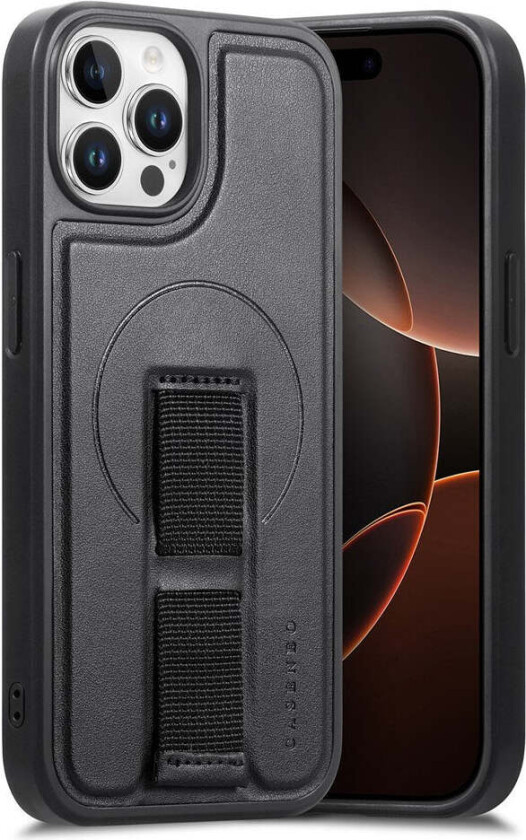 iPhone 12 / 12 Pro Hard Plast Deksel m. Kunstskinn Bakside & Fingerrem - MagSafe Kompatibel - Svart