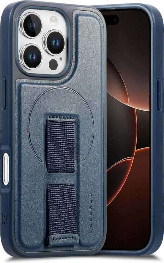 iPhone 16 Pro Hard Plast Deksel m. Kunstskinn Bakside & Fingerrem - MagSafe Kompatibel - Blå