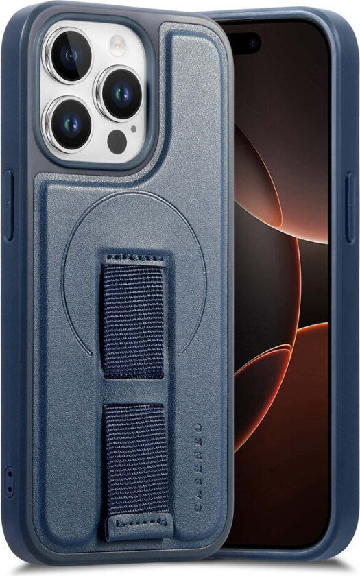 iPhone 15 Pro Hard Plast Deksel m. Kunstskinn Bakside & Fingerrem - MagSafe Kompatibel - Blå