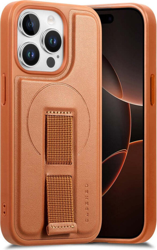 iPhone 15 Pro Hard Plast Deksel m. Kunstskinn Bakside & Fingerrem - MagSafe Kompatibel - Brun
