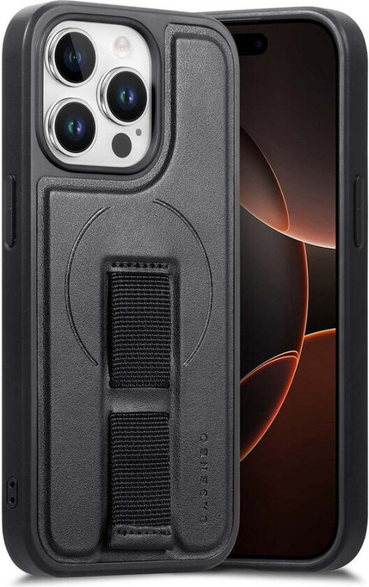 iPhone 15 Pro Hard Plast Deksel m. Kunstskinn Bakside & Fingerrem - MagSafe Kompatibel - Svart