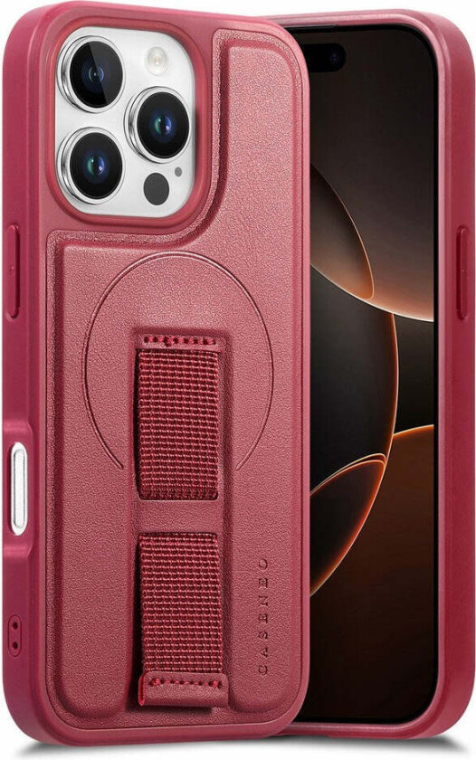 iPhone 16 Pro Hard Plast Deksel m. Kunstskinn Bakside & Fingerrem - MagSafe Kompatibel - Rød