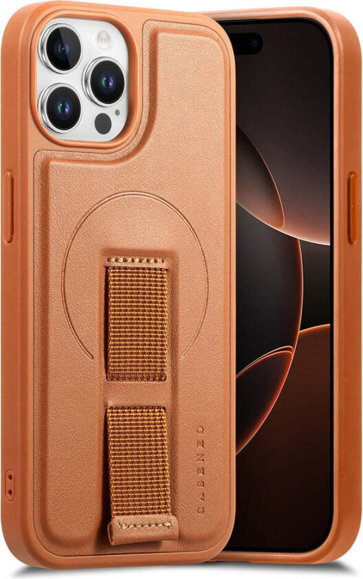 iPhone 12 / 12 Pro Hard Plast Deksel m. Kunstskinn Bakside & Fingerrem - MagSafe Kompatibel - Brun