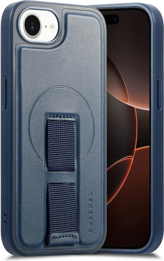 iPhone 16e Hard Plast Deksel m. Kunstskinn Bakside & Fingerrem - MagSafe Kompatibel - Blå