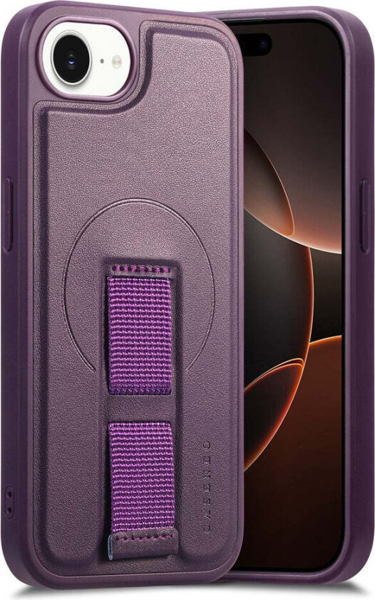 iPhone 16e Hard Plast Deksel m. Kunstskinn Bakside & Fingerrem - MagSafe Kompatibel - Lilla